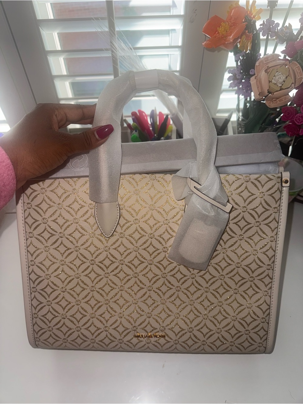 Michael Kors Beige & Gold Patterned Satchel
